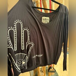 Peace Love World Black I am Protected long sleeve Graphic Top with a hamsa.